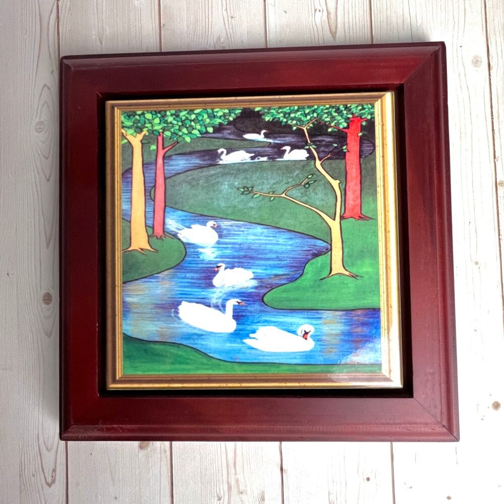 Seven Swans A Swimming Framed Art Tile 8x8" Art Nouveau Style Nature Christmas
